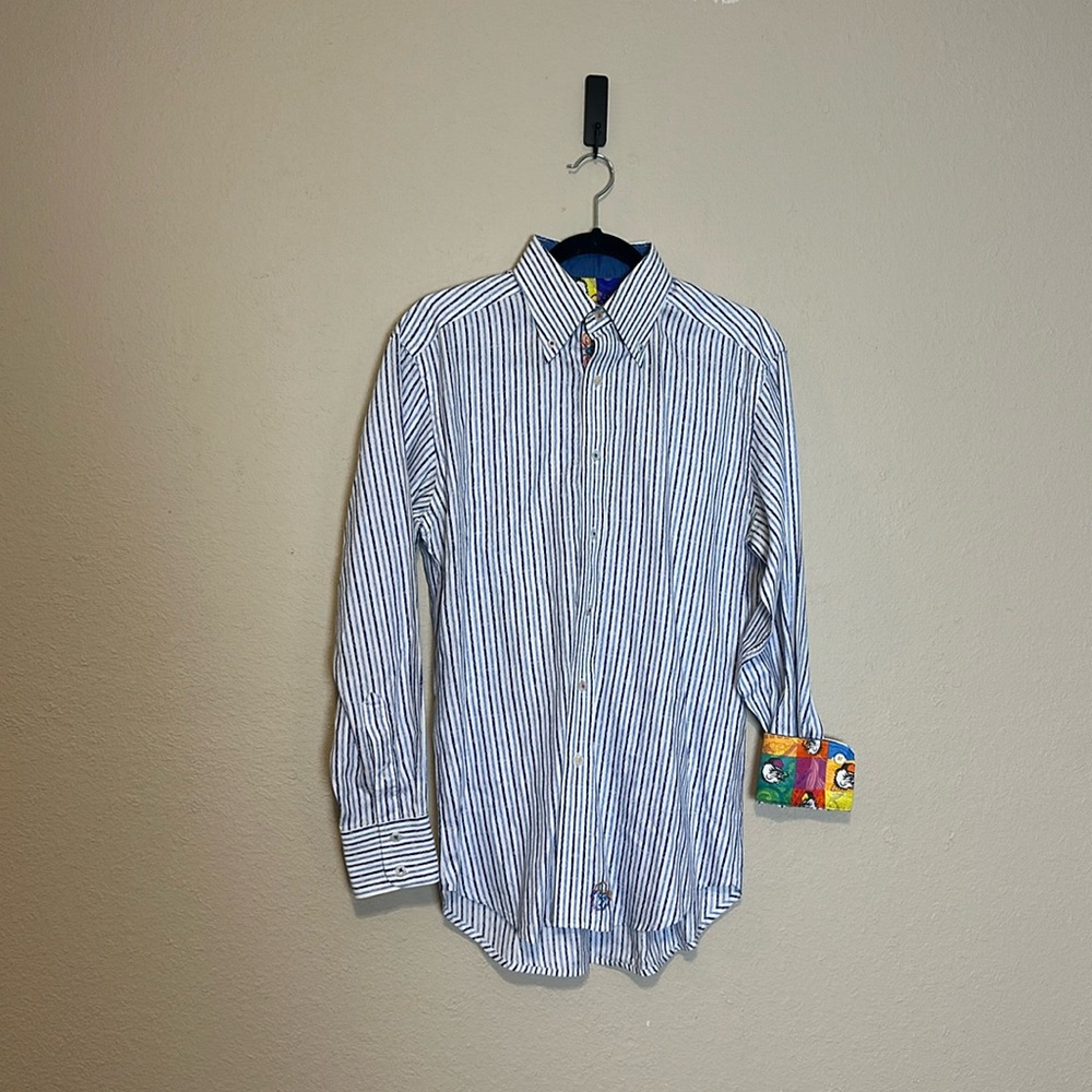 Robert Graham Bulldog Cigar Blue strip Party shirt Size Medium